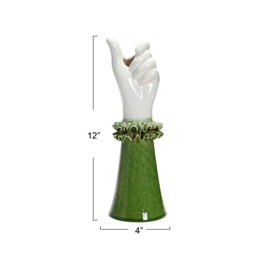 Hello Honey® 12" Green & White Stoneware Hand Vase with Ruffled Shirt Sleeve